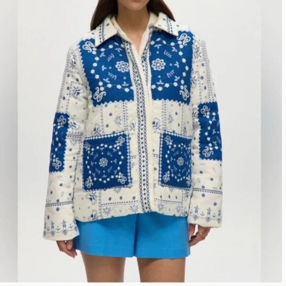 NWT Caroline Constas Quilted Patchwork Print Linen Blend Jacket - Picture 1 of 6